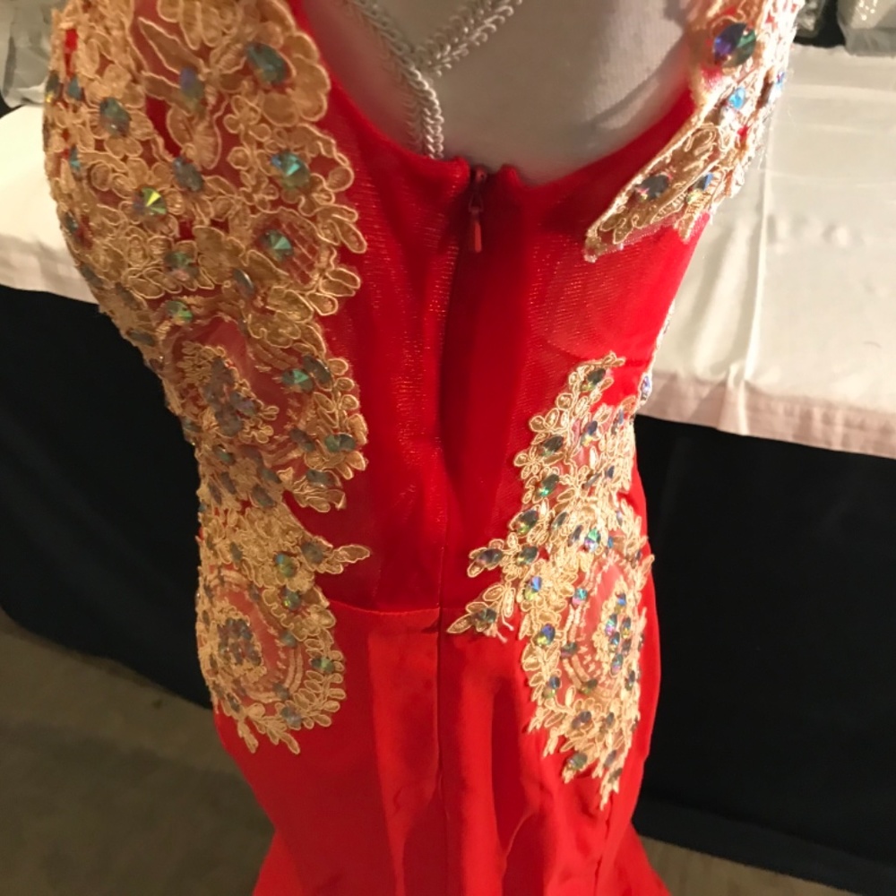 Red with gold appliqué mermaid style dress - Picture 10 of 13